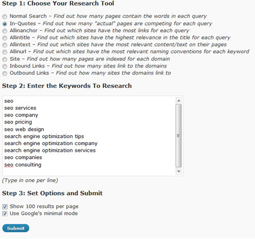 phrase-match-keyword-selection Add Keywords and Select Show 100 Results and Google's Minimal Mode